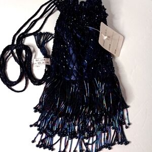 Vintage Sapphire Blue Beaded Crossbody Flapper Purse. 100% Silk.
